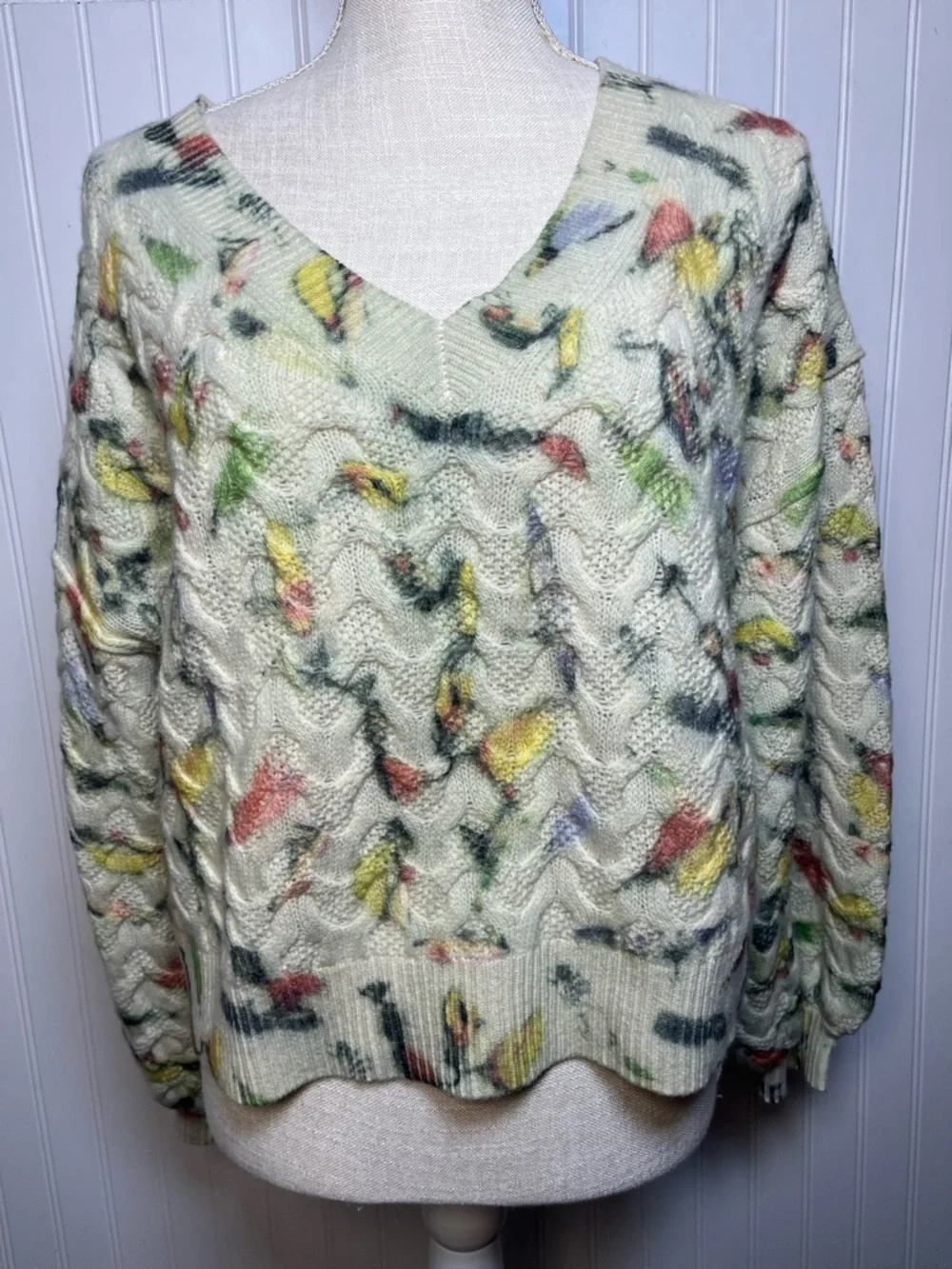 Anthropologie “Catch of the Day” fish lure design cable knit 100% lambswool